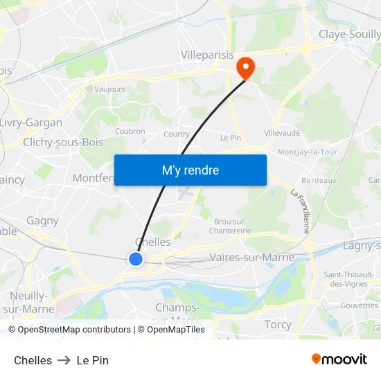 Chelles to Le Pin map