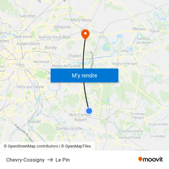 Chevry-Cossigny to Le Pin map