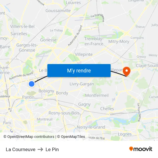 La Courneuve to Le Pin map