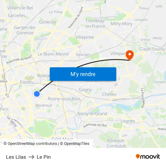 Les Lilas to Le Pin map