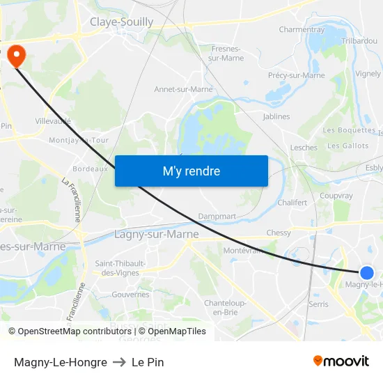 Magny-Le-Hongre to Le Pin map