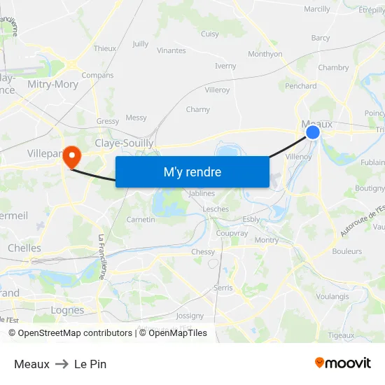 Meaux to Le Pin map