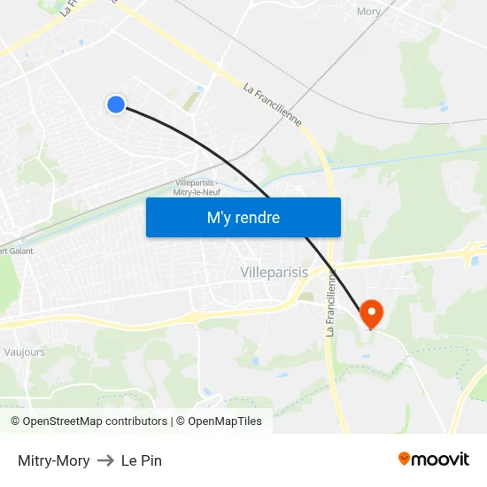 Mitry-Mory to Le Pin map