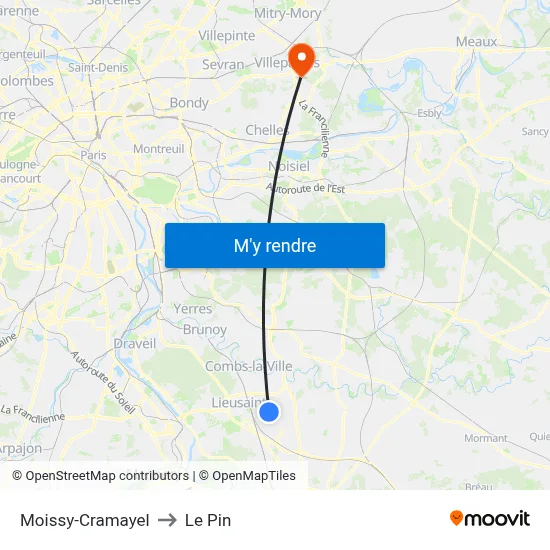 Moissy-Cramayel to Le Pin map