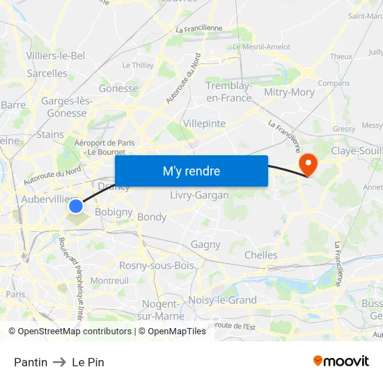 Pantin to Le Pin map