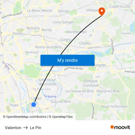 Valenton to Le Pin map