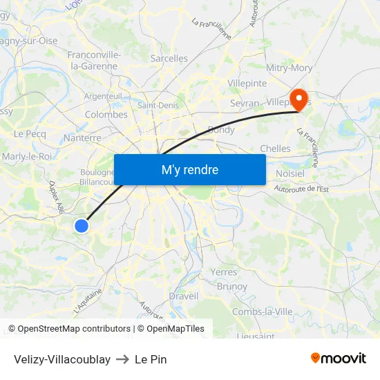 Velizy-Villacoublay to Le Pin map