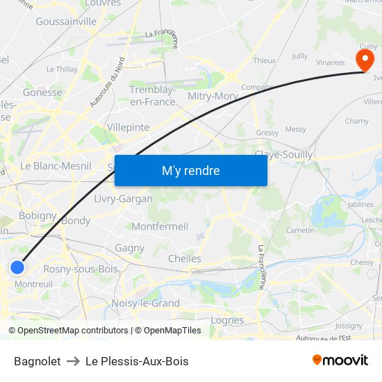 Bagnolet to Le Plessis-Aux-Bois map