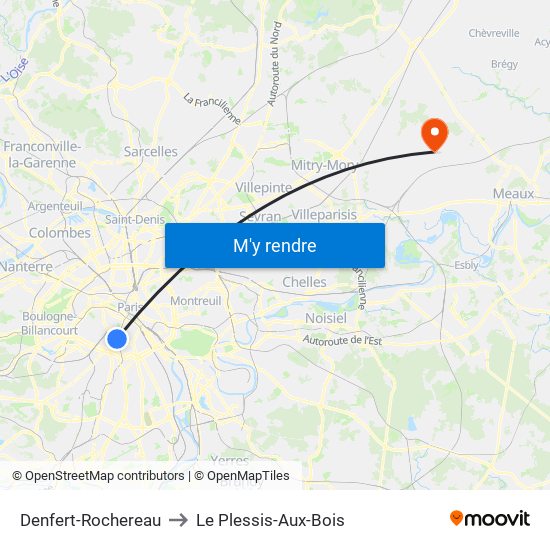 Denfert-Rochereau to Le Plessis-Aux-Bois map