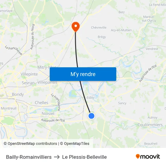 Bailly-Romainvilliers to Le Plessis-Belleville map