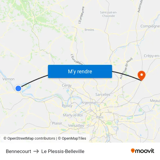 Bennecourt to Le Plessis-Belleville map