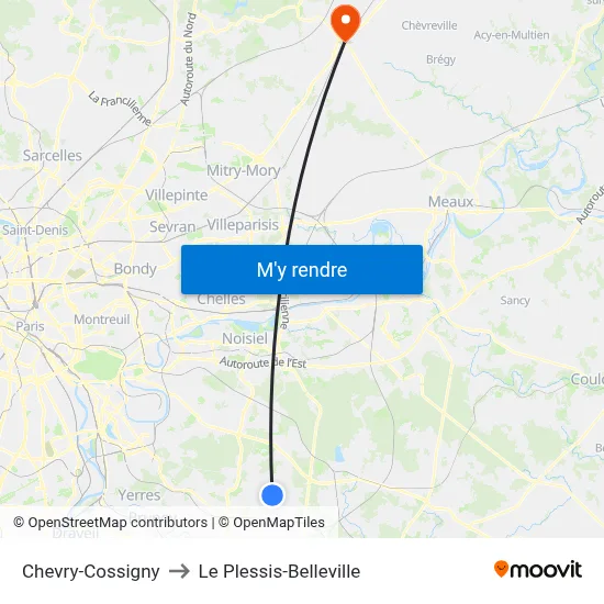 Chevry-Cossigny to Le Plessis-Belleville map