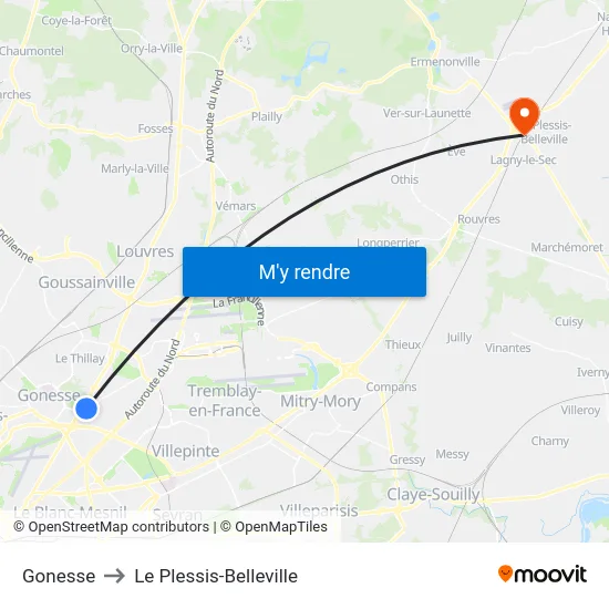 Gonesse to Le Plessis-Belleville map