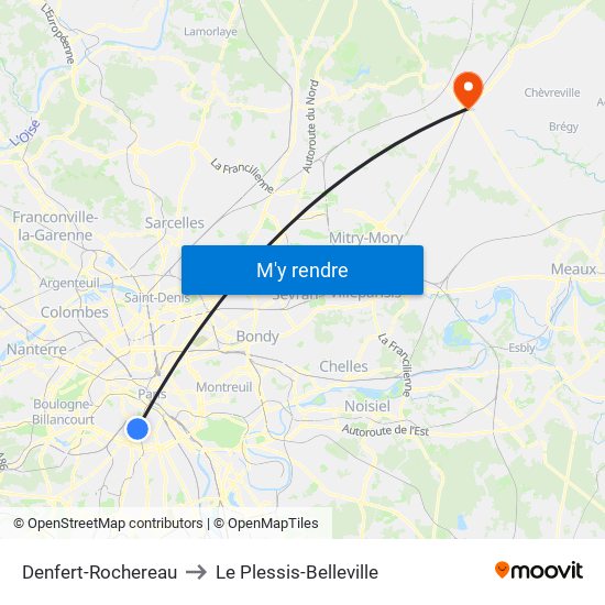 Denfert-Rochereau to Le Plessis-Belleville map