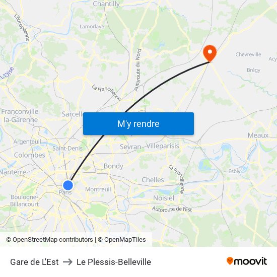 Gare de L'Est to Le Plessis-Belleville map
