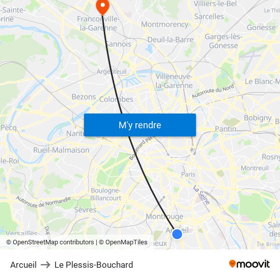 Arcueil to Le Plessis-Bouchard map