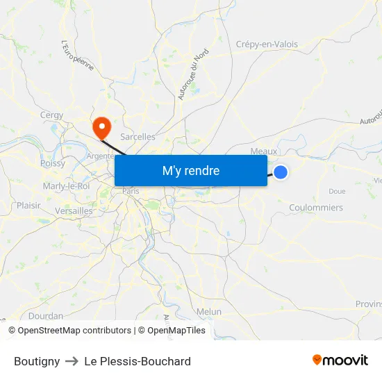 Boutigny to Le Plessis-Bouchard map