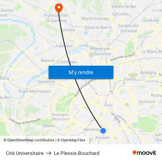 Cité Universitaire to Le Plessis-Bouchard map