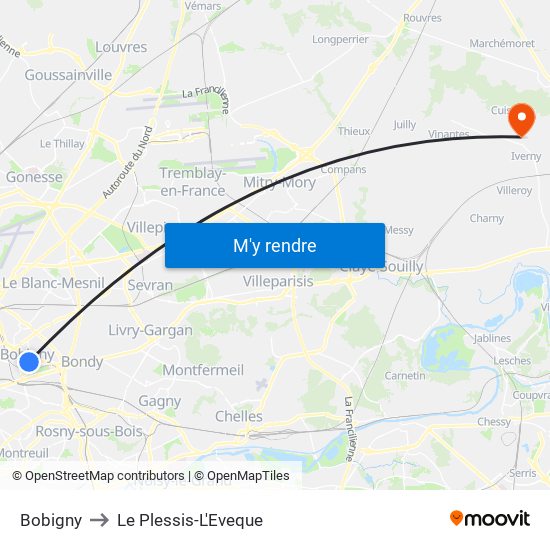 Bobigny to Le Plessis-L'Eveque map