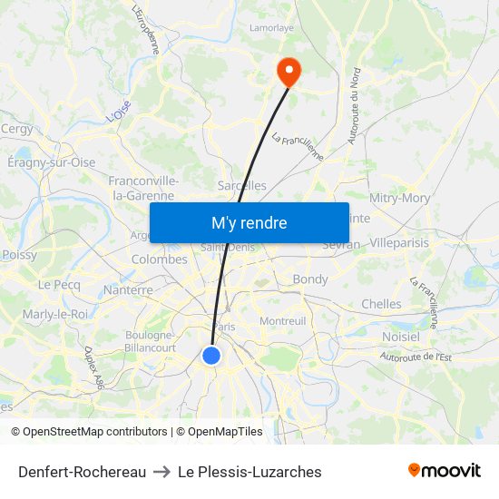 Denfert-Rochereau to Le Plessis-Luzarches map