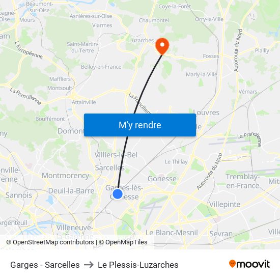 Garges - Sarcelles to Le Plessis-Luzarches map