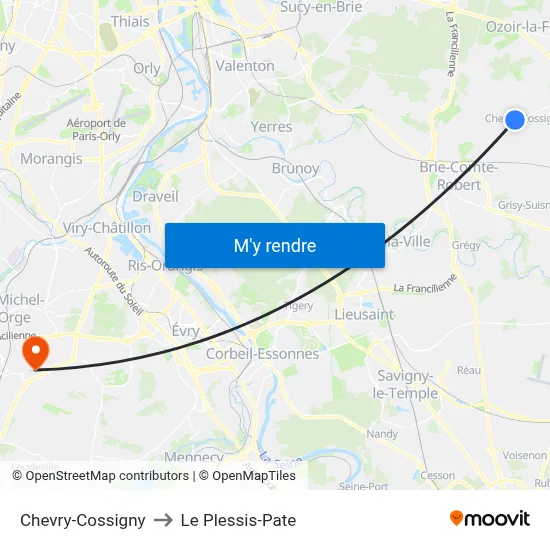 Chevry-Cossigny to Le Plessis-Pate map