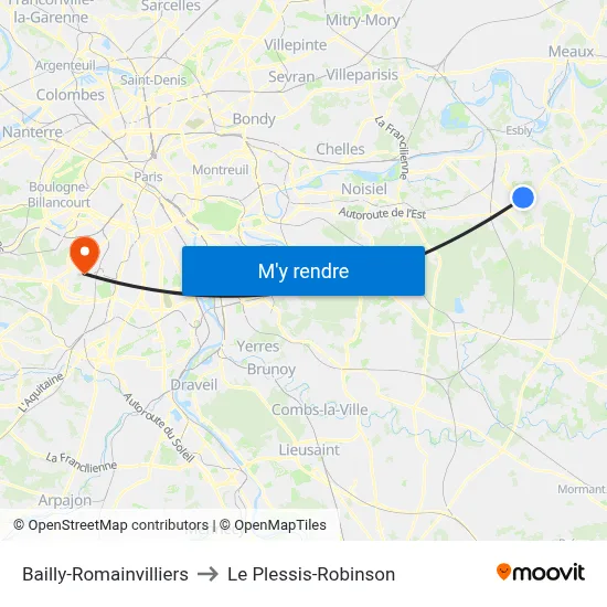 Bailly-Romainvilliers to Le Plessis-Robinson map
