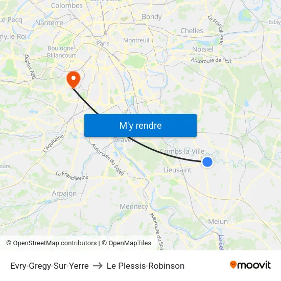 Evry-Gregy-Sur-Yerre to Le Plessis-Robinson map