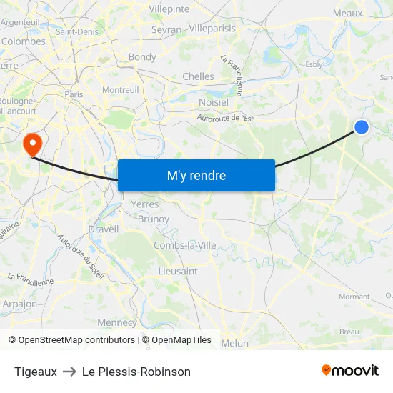 Tigeaux to Le Plessis-Robinson map