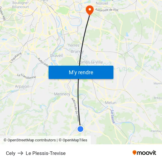Cely to Le Plessis-Trevise map