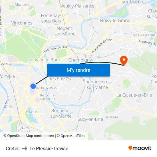 Creteil to Le Plessis-Trevise map