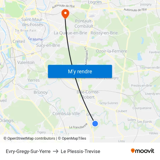Evry-Gregy-Sur-Yerre to Le Plessis-Trevise map