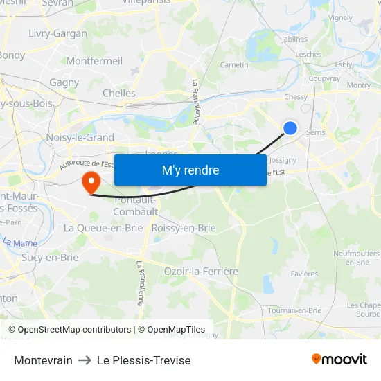 Montevrain to Le Plessis-Trevise map