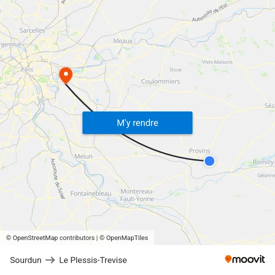 Sourdun to Le Plessis-Trevise map
