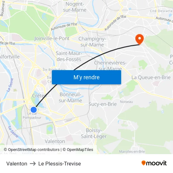 Valenton to Le Plessis-Trevise map
