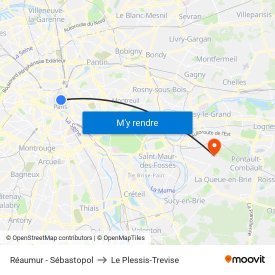 Réaumur - Sébastopol to Le Plessis-Trevise map