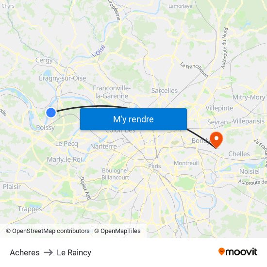 Acheres to Le Raincy map