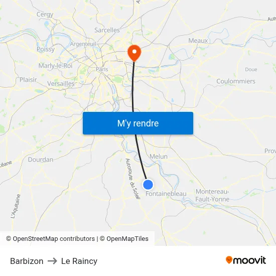 Barbizon to Le Raincy map
