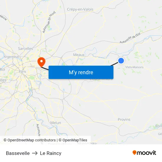 Bassevelle to Le Raincy map