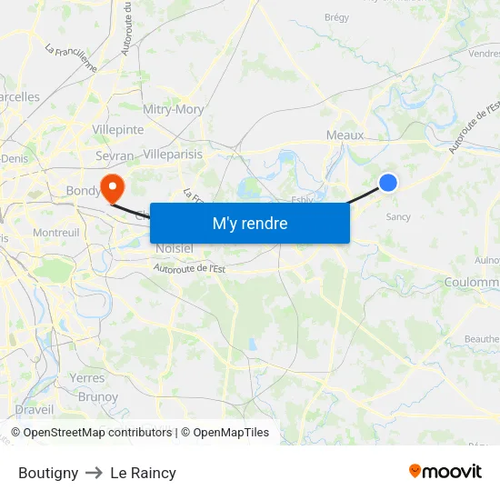 Boutigny to Le Raincy map