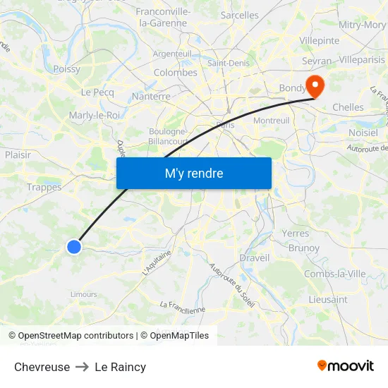 Chevreuse to Le Raincy map
