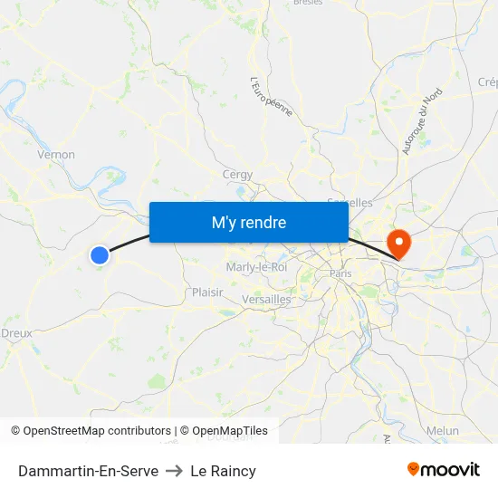 Dammartin-En-Serve to Le Raincy map