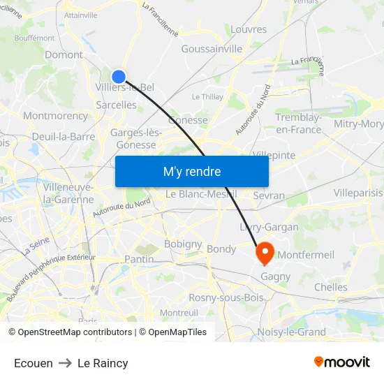 Ecouen to Le Raincy map