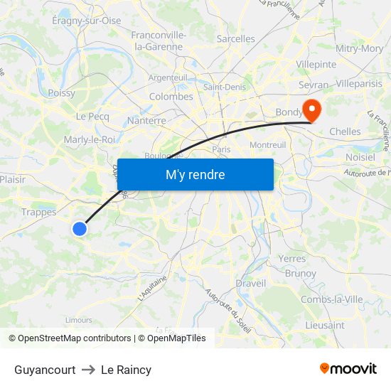 Guyancourt to Le Raincy map