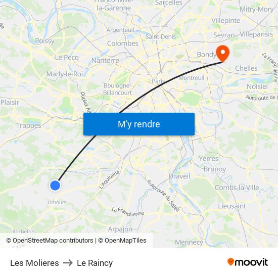 Les Molieres to Le Raincy map