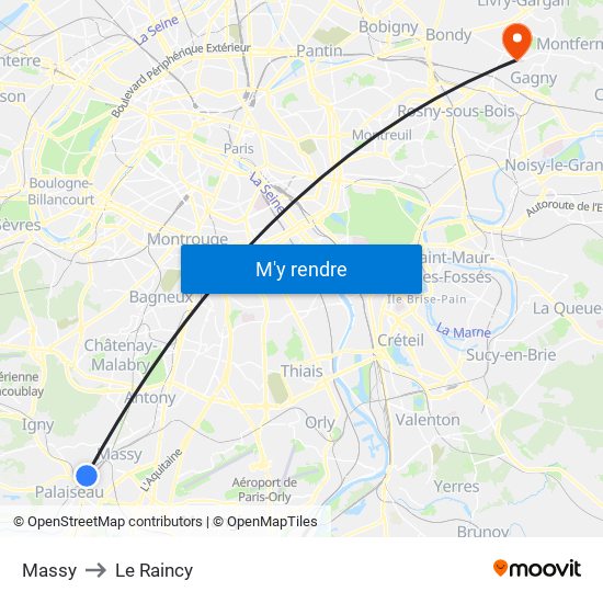 Massy to Le Raincy map