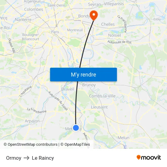 Ormoy to Le Raincy map