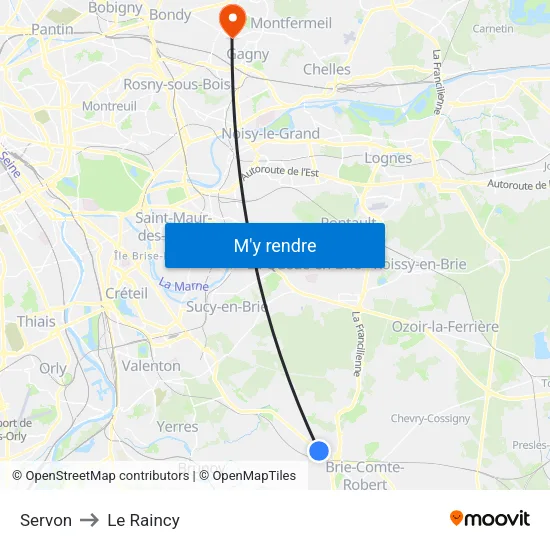 Servon to Le Raincy map