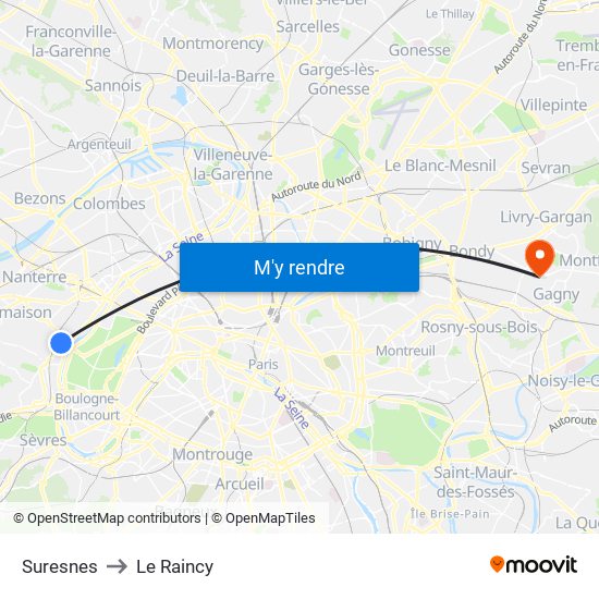 Suresnes to Le Raincy map