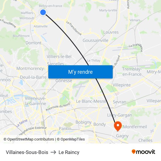 Villaines-Sous-Bois to Le Raincy map